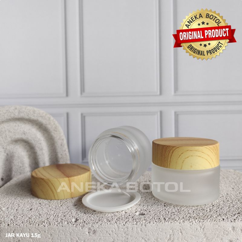 POT CREAM GLASS 15 GRAM FROSTED TUTUP MOTIF KAYU / JAR KACA KOSMETIK MURAH