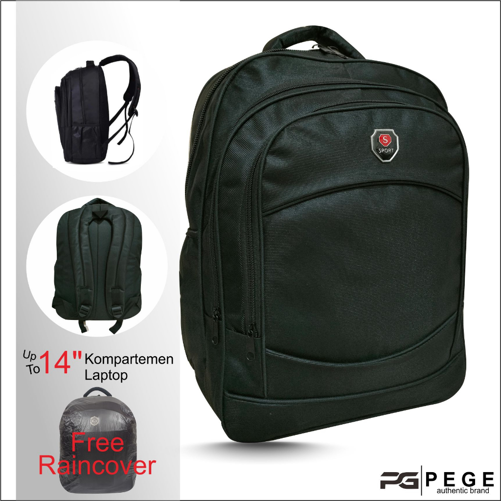 Tas Ransel Laptop Pria PEGE Enzio Tas Punggung Polos Hitam Model Simpel - PG 14