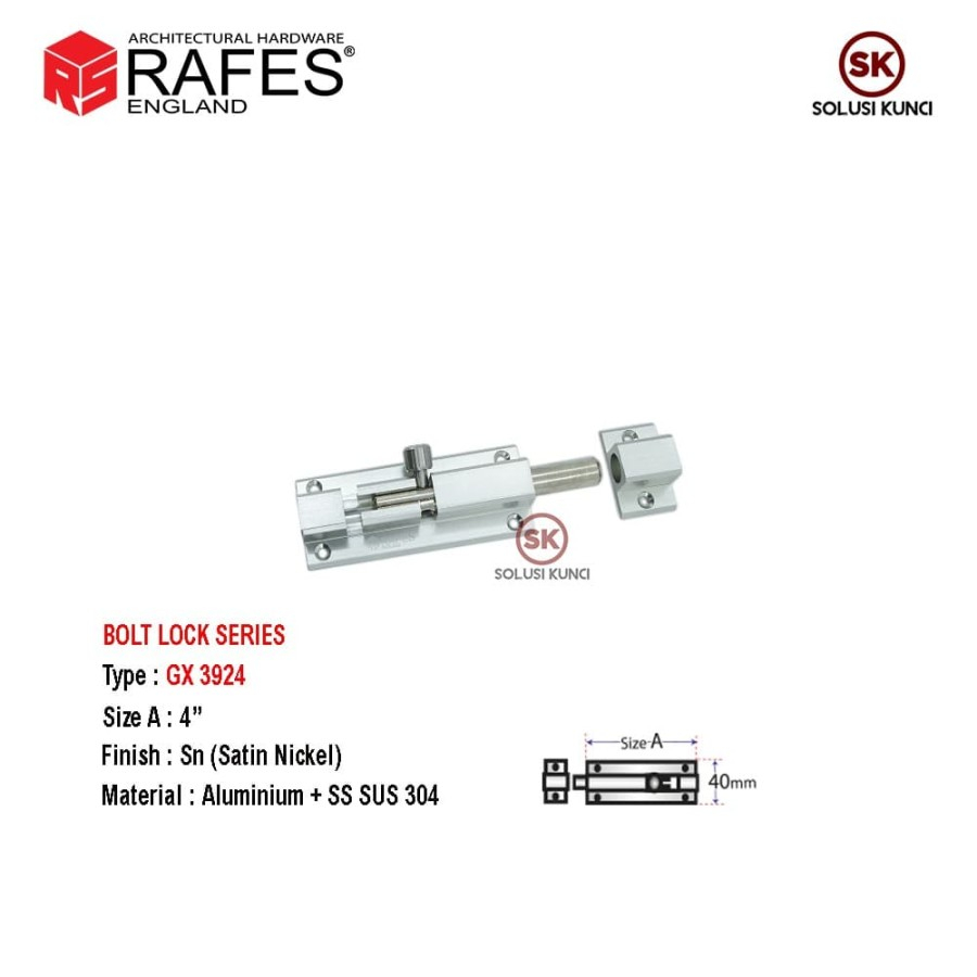 Grendel Pintu 4" RAFES England Stainless Steel SUS 304 + Aluminium