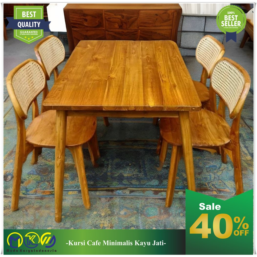 Meja makan minimalis asli jati, kursi makan kayu jati, kursi cafe