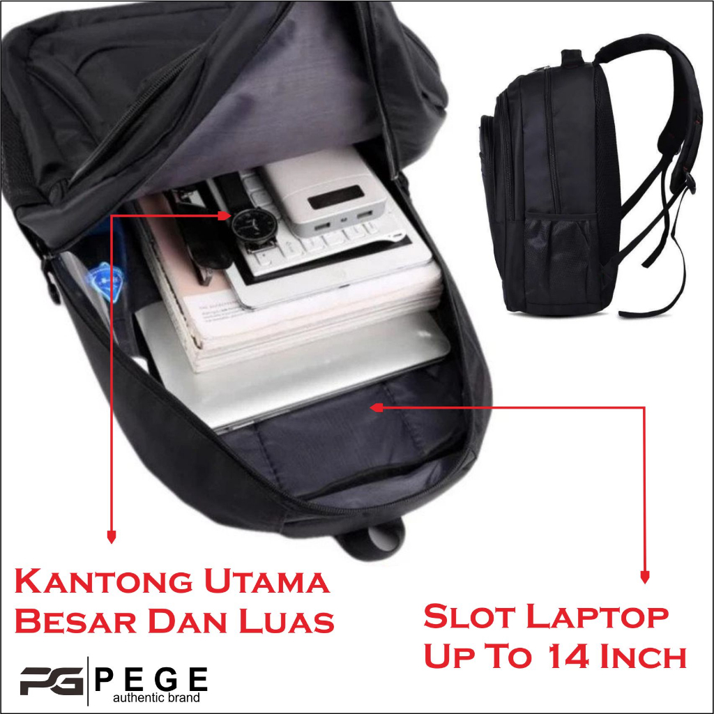 Tas Pria Ransel Laptop PEGE Enzio Model Simpel Polos Warna Hitam - PG 14