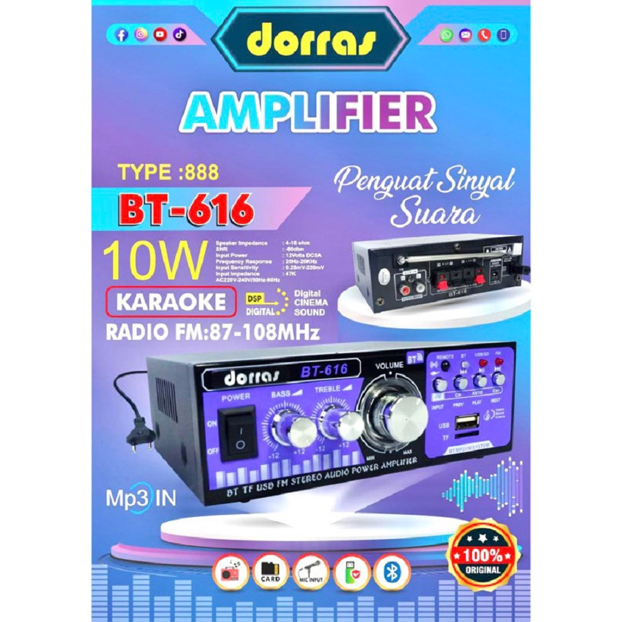 Power Amplifier Ampli Bluetooth Dorras BT-616 BT 616 Stereo Audio Ac Dc Usb Fm Mp3