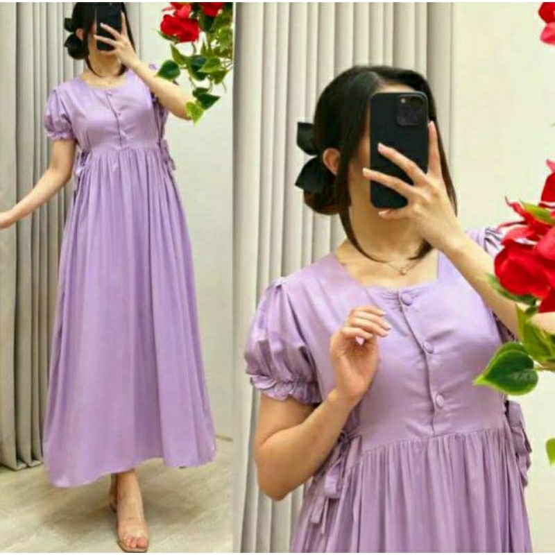 Midi Dress Wanita Kekinian Viral Terbaru Busui Polos lengan Pendek Serut