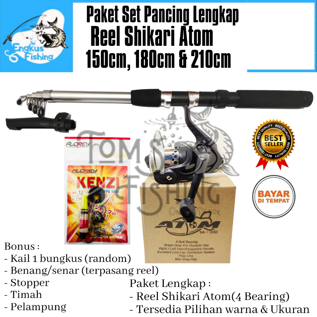 Set Paket Pancing Lengkap Reel Shikari Atom &amp; Joran 1,5M (Bonus Kail dll) 4 Bearing Murah - Engkus Fishing