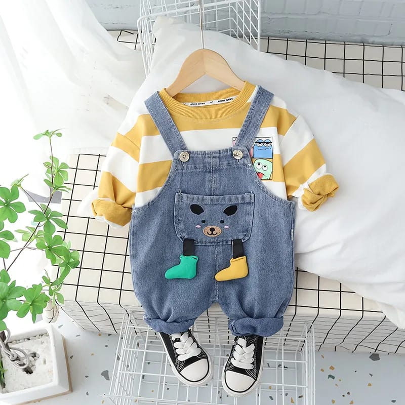 Setelan Baju kodok usia 6 bulan - 5 tahun Motif DOODLE KUNING &amp; BIRU PUTIH SET baby kekinian ala korea