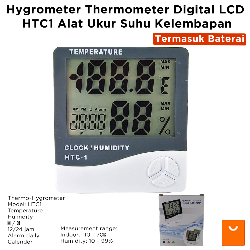 Hygrometer Thermometer Digital LCD HTC1 Alat Ukur Suhu Kelembapan HTC 1 Temperatur Humidity Clock