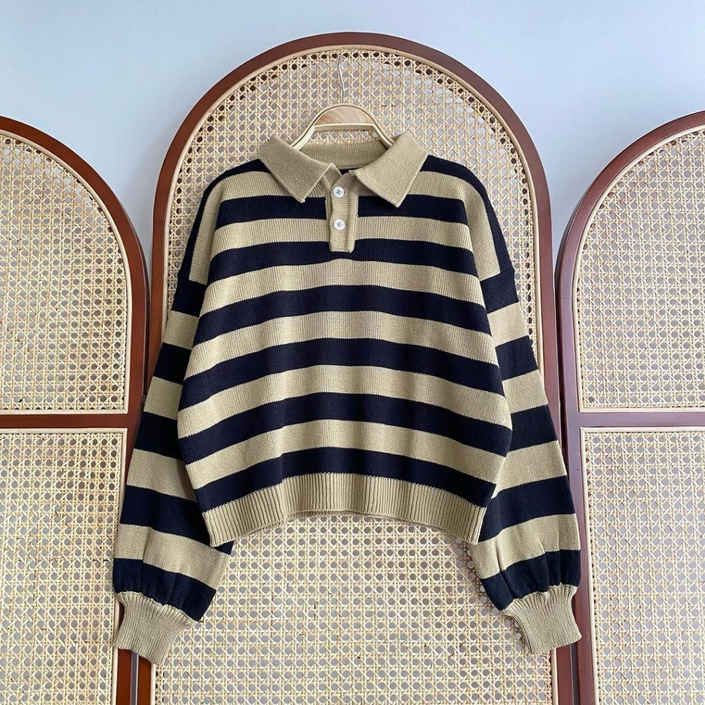 SWEATER KNIT RAJUT OVERSIZE POLO KANCING  STRIP/ATASAN RAJUT KERAH POLO WANITA