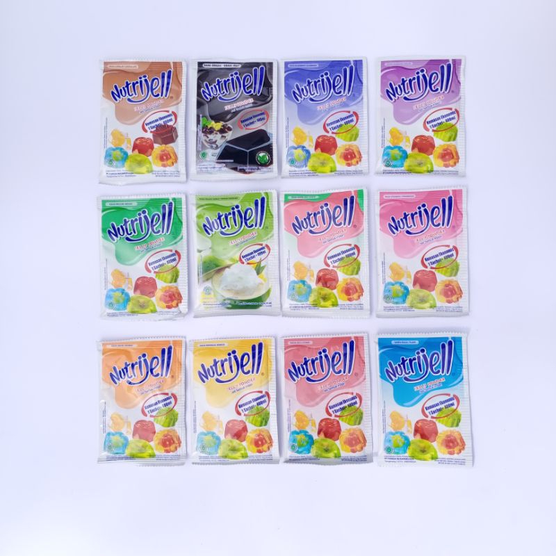 

agar agar nutrijel , nutrijell jelly coklat , cincau , blueberry , anggur , melon , kelapa muda , jambu , strauberry , jeruk , mangga , leci , plain / bening