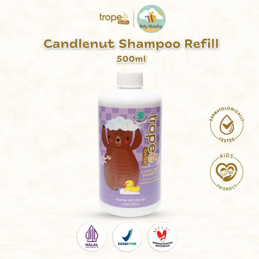 Tropee Bebe  - Shampoo Kemiri (candlenut shampoo) Refill 500ml / HALAL/BPOM/NO SLS/ tanpa sls /No paraben/ aloe vera/ shampoo anak bayi melebatkan dan menguatkan rambut/shampoo anti kusut/best seller/ hypoallergenic/ anti alergi