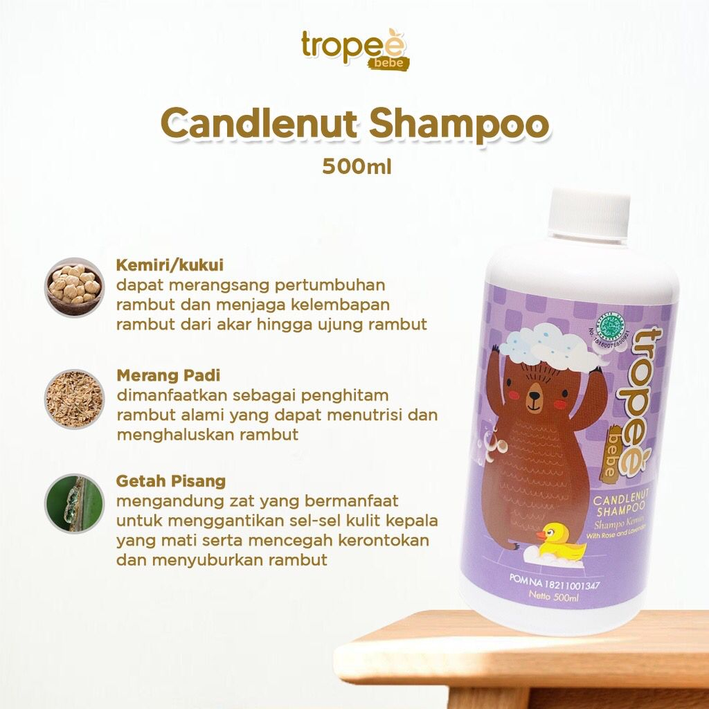 Tropee Bebe  - Shampoo Kemiri (candlenut shampoo) Refill 500ml / HALAL/BPOM/NO SLS/ tanpa sls /No paraben/ aloe vera/ shampoo anak bayi melebatkan dan menguatkan rambut/shampoo anti kusut/best seller/ hypoallergenic/ anti alergi