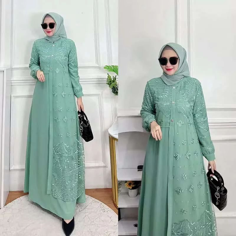 Gamis allena dress bahan ceruty baby doll premium full furing / busui / resleting depan original