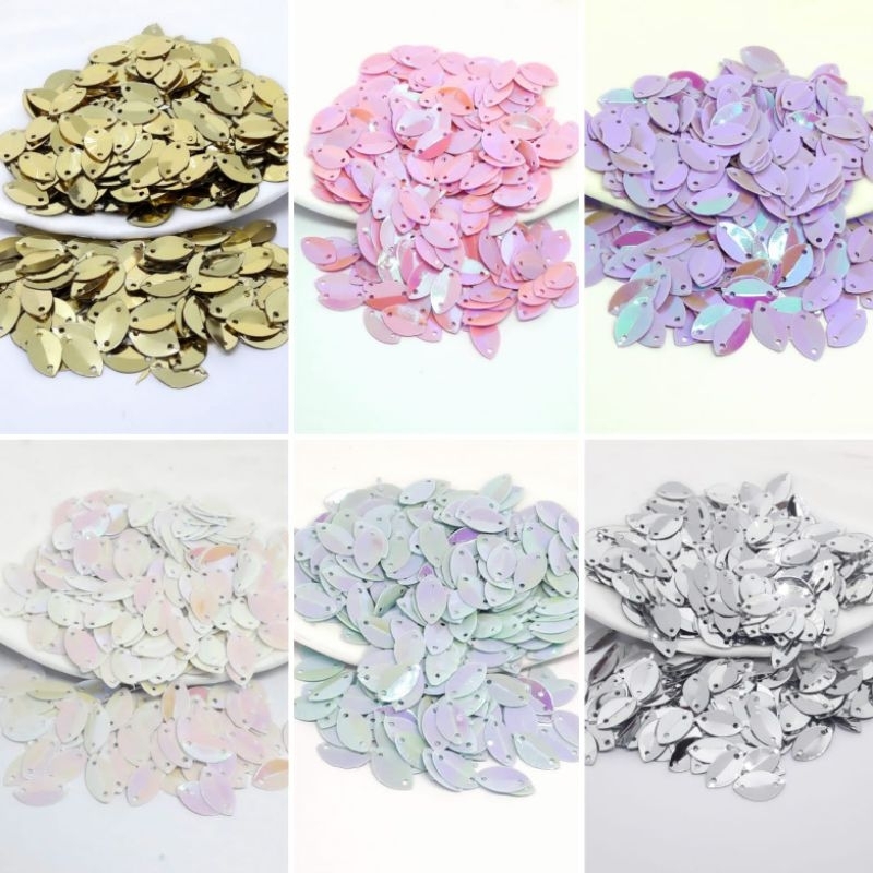 PAYET MANIK SEQUIN LUBANG 2 DAUN OVAL LIPAT BORCI / SEQUIN DAUN FOLDED 7X12 (10 GRAM)