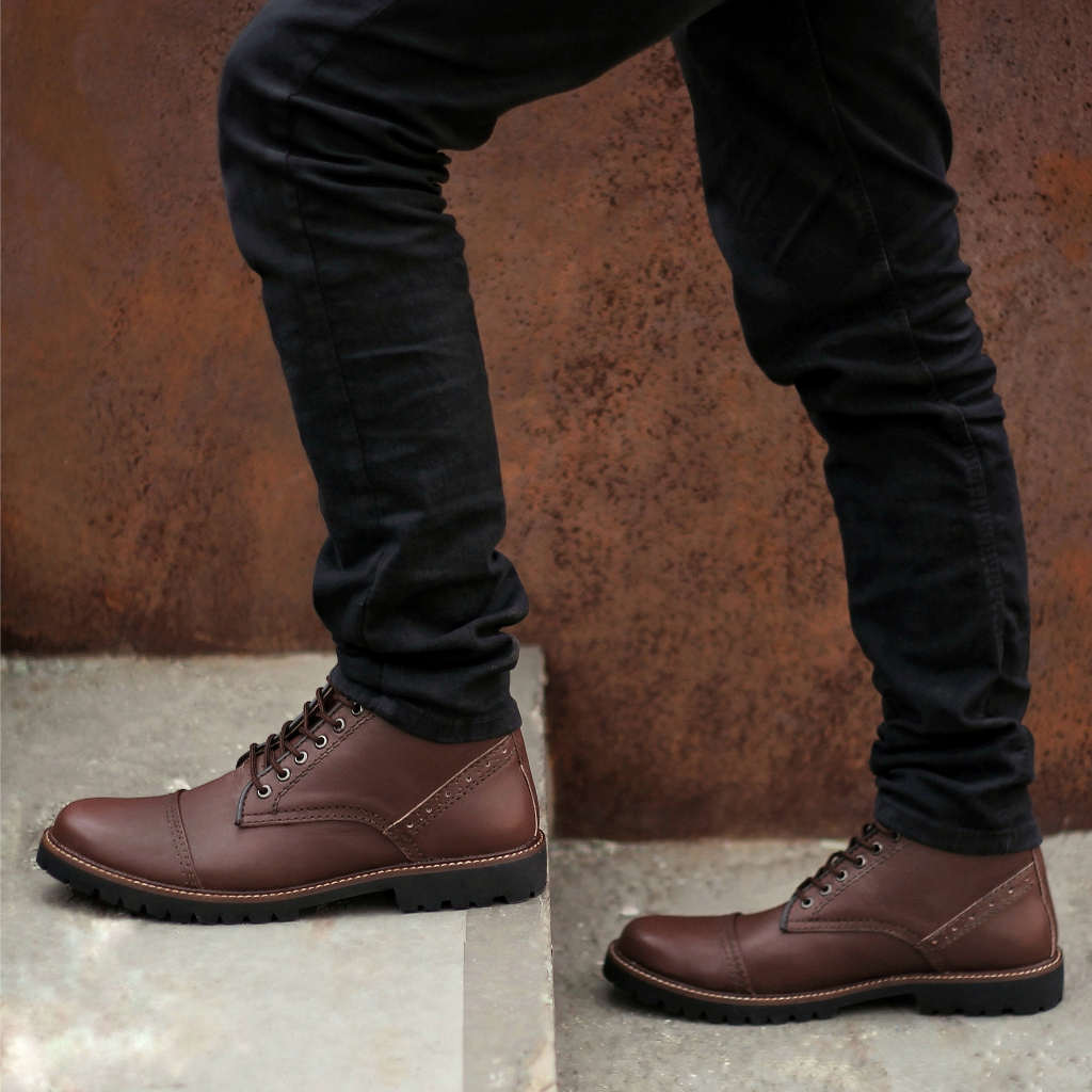 Sepatu Boots Pantofel Kulit Asli Pria Casual Shoes Boot Men Cowok Laki Bikers Semi Formal Kerja Kantor Kuliah Original Reyl Acoustic Brown