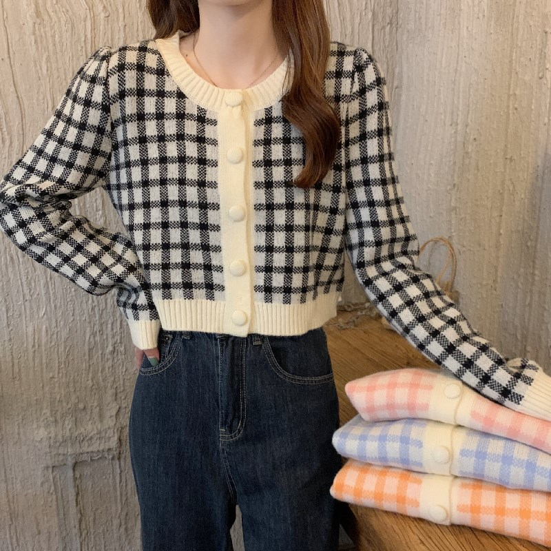 【 Bra Mall 】BJ-079 Cardigan Long Sleeve Knit Pakaian Wanita Cardigan Motif Kotak-Kotak