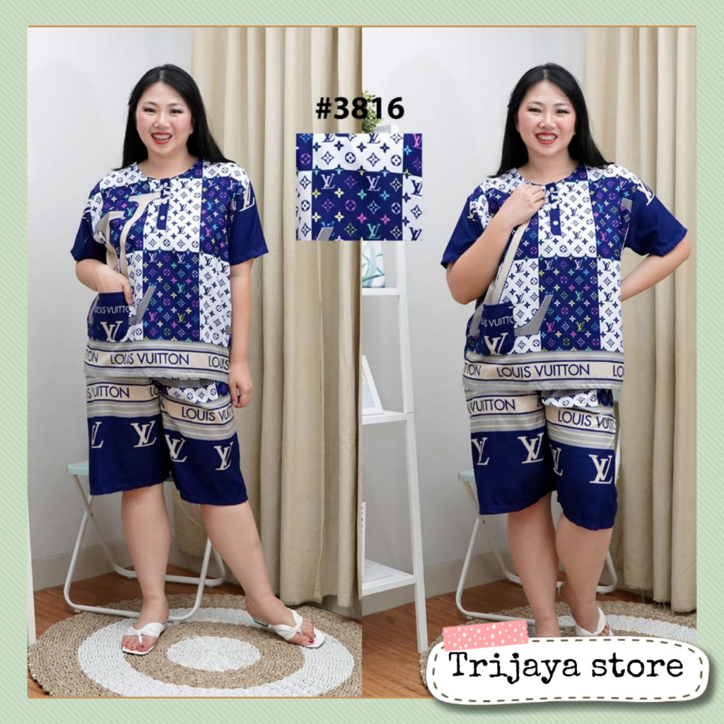 Trijaya . baju tidur wanita dewasa 3/4 jumbo motif cantik / piyama setelan celana pendek jumbo XXL