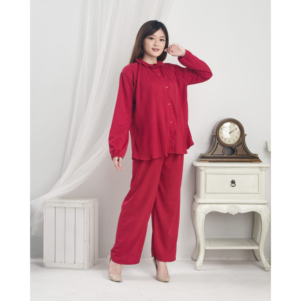 RILLO - Setelan Wanita Plisket Ruffle / Set Kekinian Atasan &amp; Celana