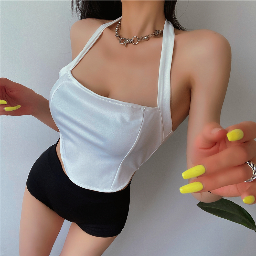 【AMY J】Splice Detail Backless Hanky Hem Halter Top 7057