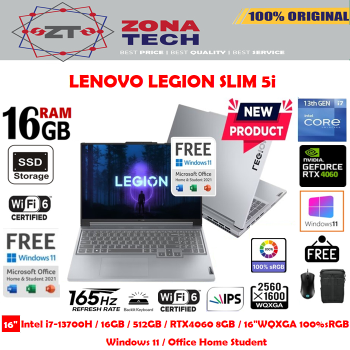 Lenovo Legion Slim 5i - i7-13700H RTX4060 8GB 512GB SSD 16GB 16&quot;WQXGA IPS 100%sRGB 165Hz W11 OHS