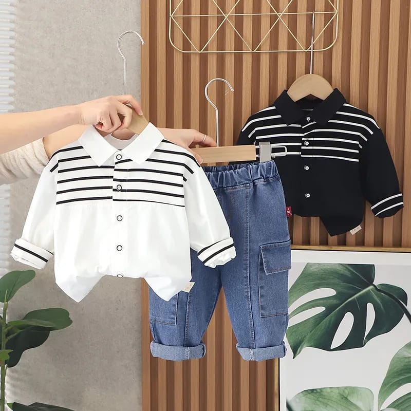 Mazakids Setelan Anak Laki Laki Kemeja Garis Hitam & Putih Usia 6 Bulan - 5 Tahun Premium