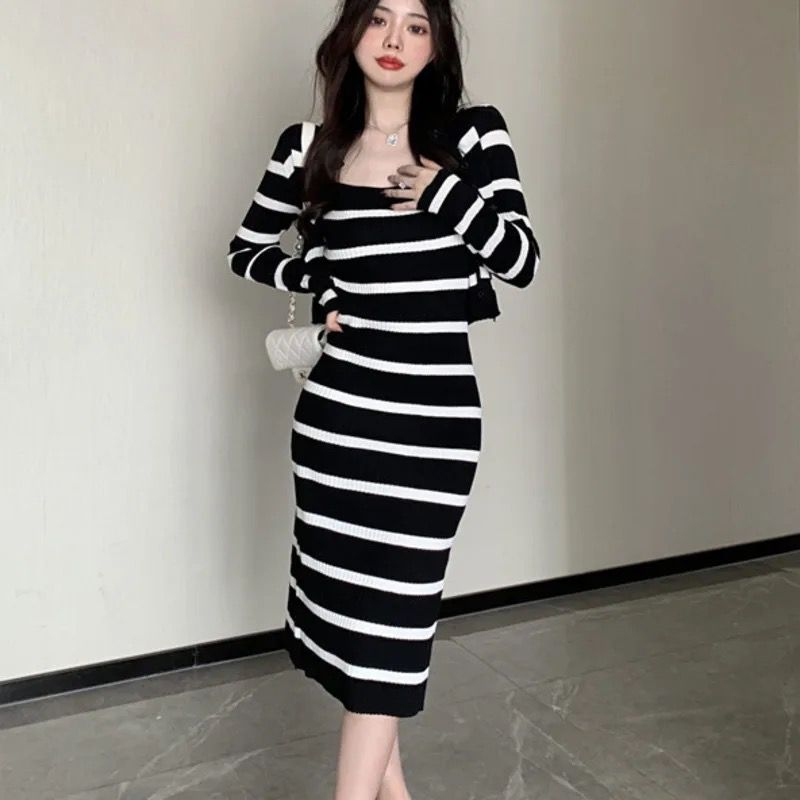 Basic id fashion Dres rajutwanita / Dres stripe 1 set + cardigan / Dres korean style