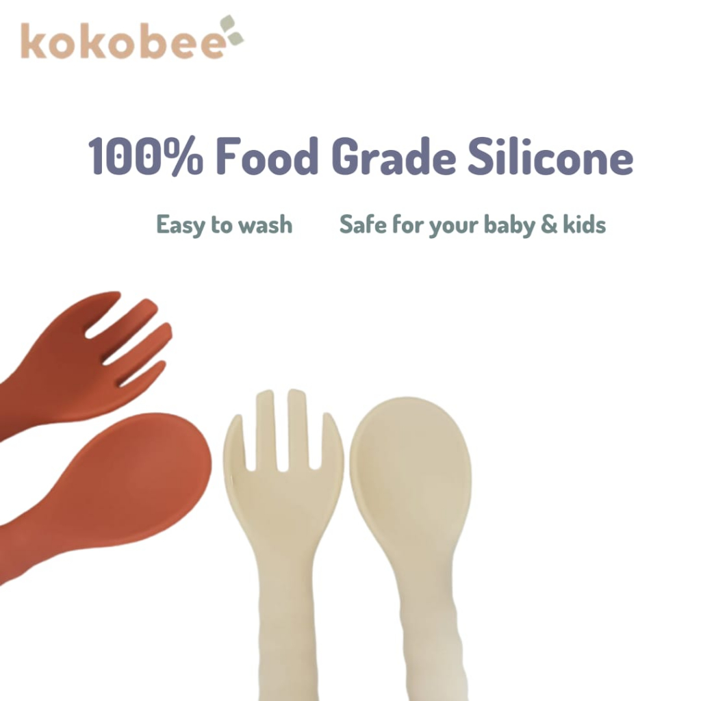 KOKOBEE - Premium Silicone Spoon and Fork Set (6m+) / sendok garpu set / alat mpasi / alat makan anak / sendok bayi / mushie/ dinnerware set/ satu set alat makan