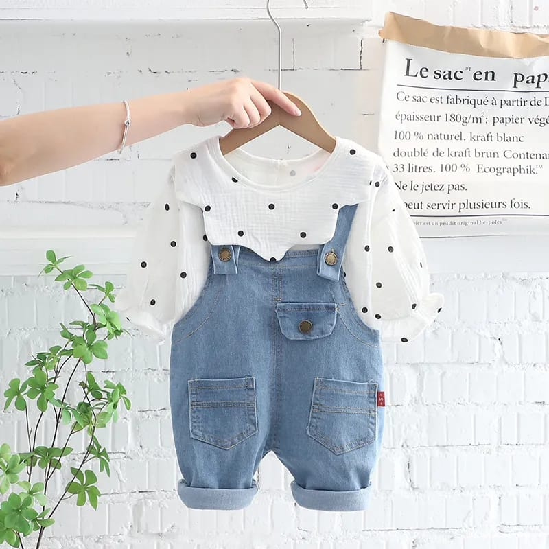 Setelan anak perempuan lengan panjang  model celana kodok motif polkadot white usia 6 bulan - 4 tahun / baju bayi overall premium import