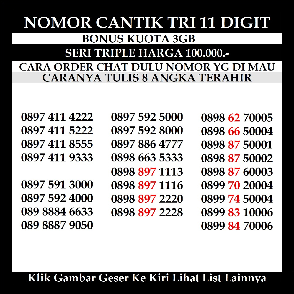 Nomor Cantik Tri 11 Digit Kartu Perdana Three Nomer Murah