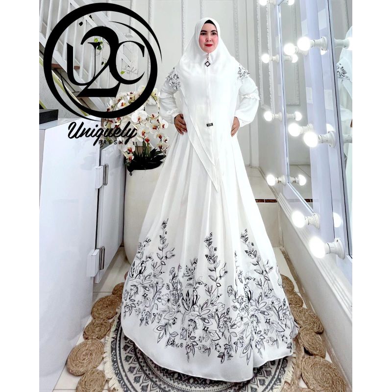 marwah syari premium u2c gamis ceruty putih set khimar motif busui real picture