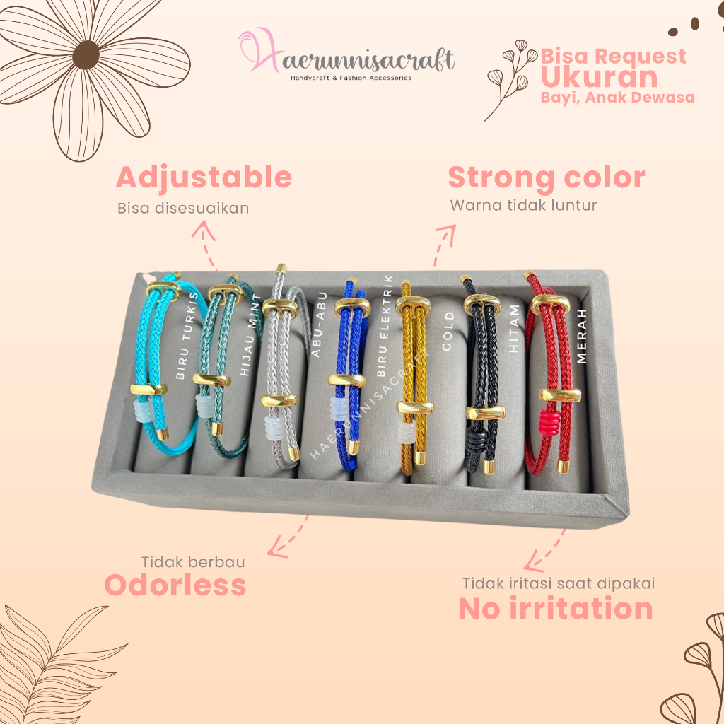 Gelang Tali Kawat Waterproof Anti Air Serut Bisa Request size (bayi, anak &amp; dewasa) Untuk Charm Liontin wire Rope Emas Hongkong