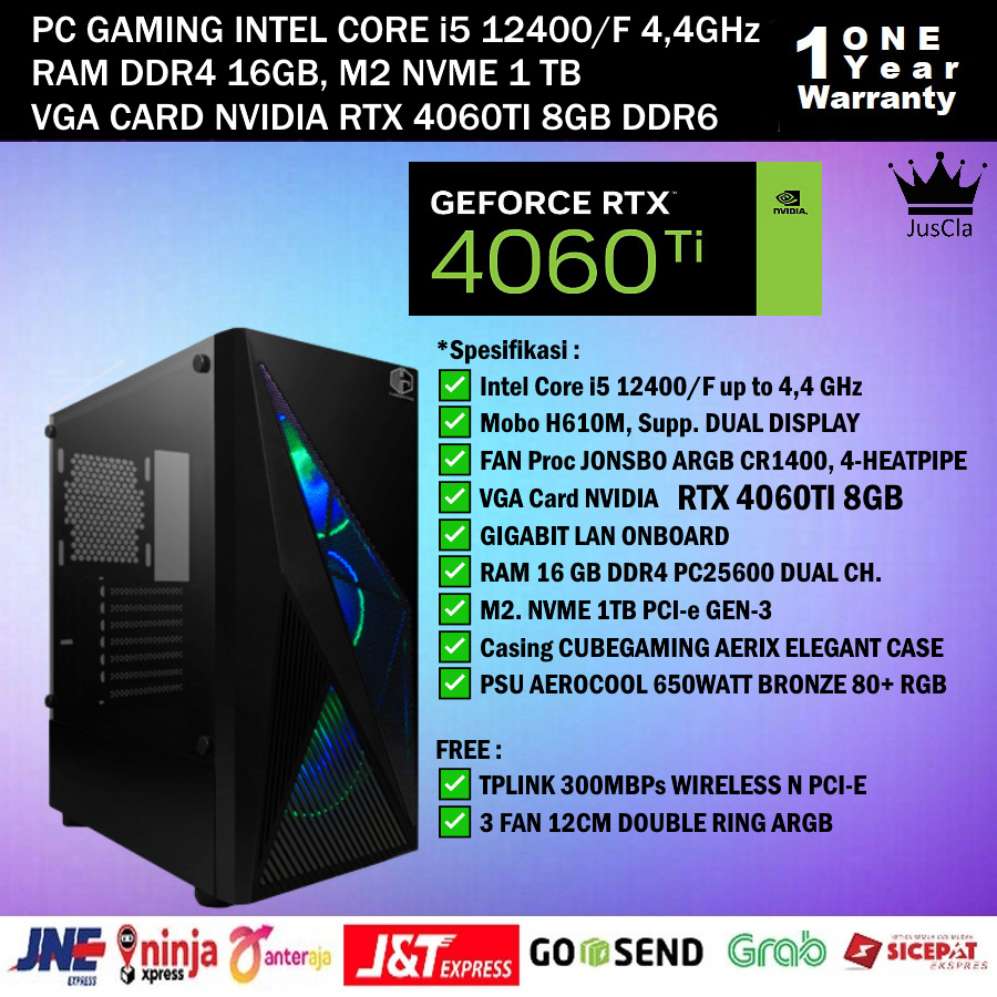 PC GAMING/EDITING Intel CORE i5 12400/F 4,4GHz/F|RAM 16GB|NVME 1TB|VGA RTX 4060TI 8GB|WIFI TPLINK, PC Gaming/EDITING GENERASI 11