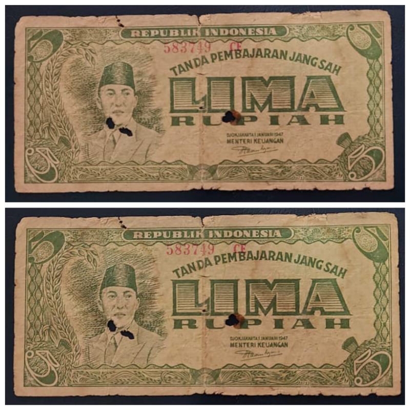 Uang Kuno Indonesia 5 Rupiah Ori 1947 (Oeang Republik Indonesia) ORI Dijamin Original 100% VF Hole