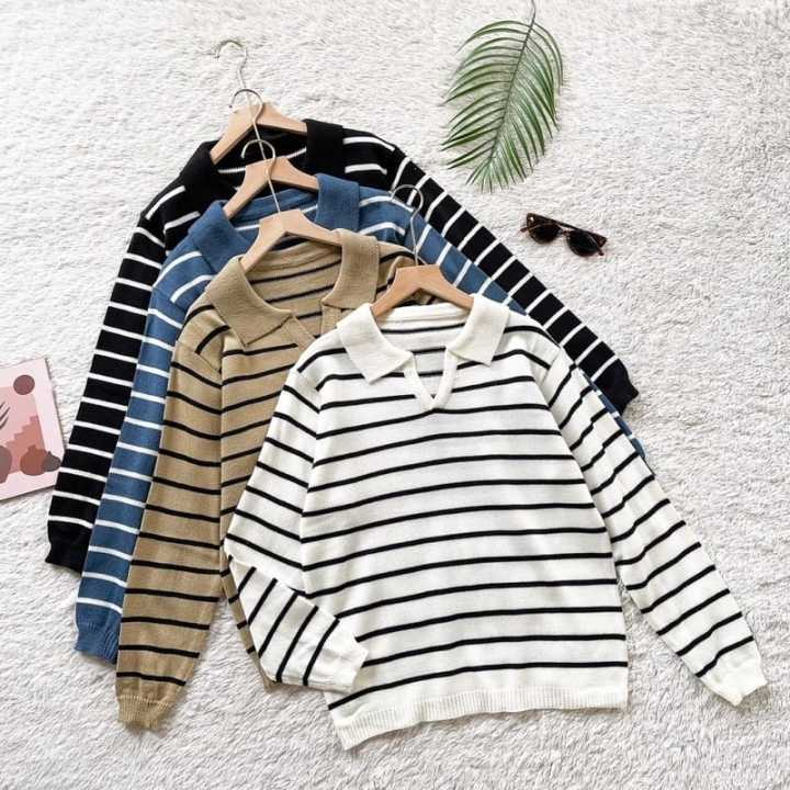 SWEATER KNIT RAJUT OVERSIZE WANITA/ATASAN RAJUT STRIP WANITA/POLO KNIT WANITA OVERSIZE