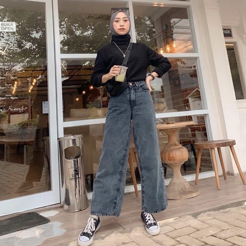 celana jeans wanita kekinian high waist jeans pinggang karet kulot jeans putih korean style kulot panjang