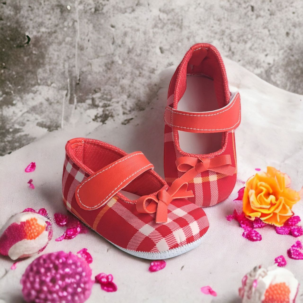 Sepatu Bayi Usia 0 6 Bulan Prewalker Balet Pita Kotak Kotak Baby Shoes Perempuan MERAH