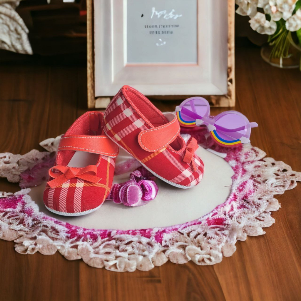 Sepatu Bayi Usia 0 6 Bulan Prewalker Balet Pita Kotak Kotak Baby Shoes Perempuan MERAH