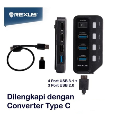 USB Hub Rexus 3.1 H332 7 Port + Converter Type C