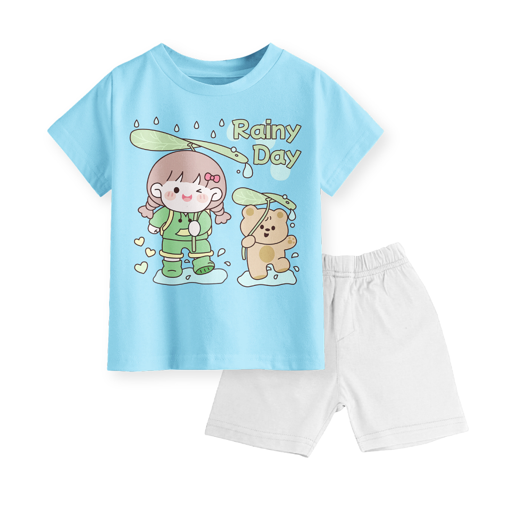 Setelan Kaos Anak Celana Pendek Terbaru Motif Rainy Day