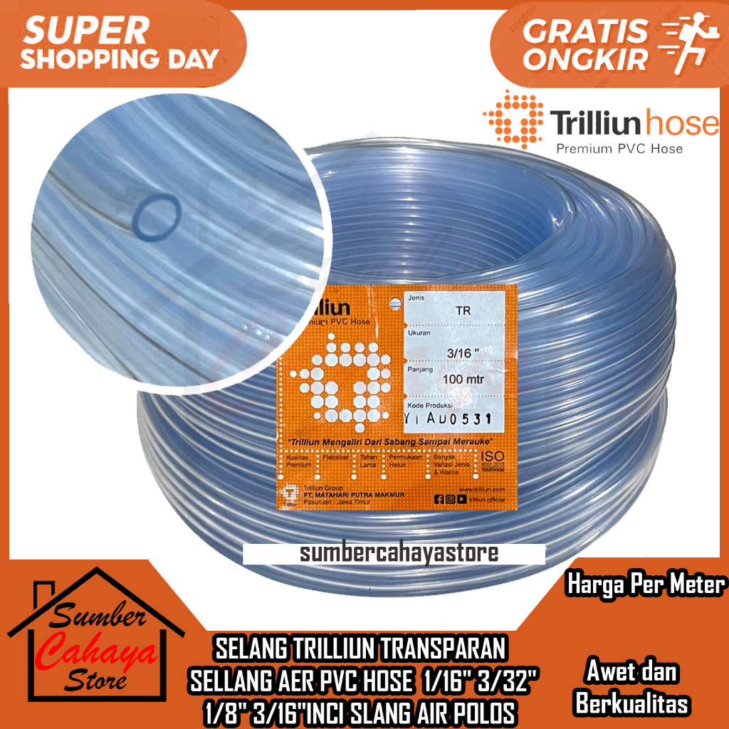 Cobra Selang Transparan 1/16" 3/32" 1/8" 3/16"In Slang Air Polos Sellang Aer Pvc Hose Plastik Pelast
