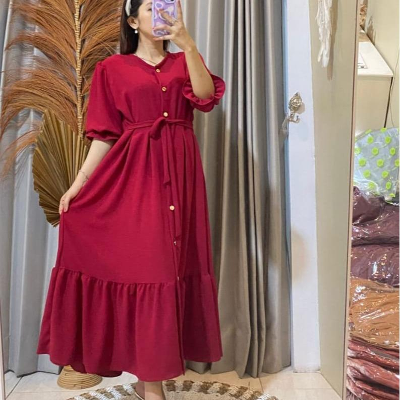 Mahalini Midi Dress Polos Casual Jalan Santai Liburan Manis Kancing Baju Wanita Rempel Flowy Variasi Tangan Balon Bumil Busui Crinkle Airflow Lembut