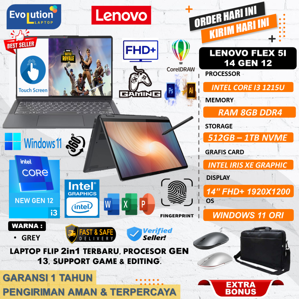Laptop flip 2in1 Lenovo Ideapad Flex 5 14 Intel core i3 1215u gen12 Ram 8GB 512GB 14&quot; FHD IPS TOUCH WIN11HOME GREY