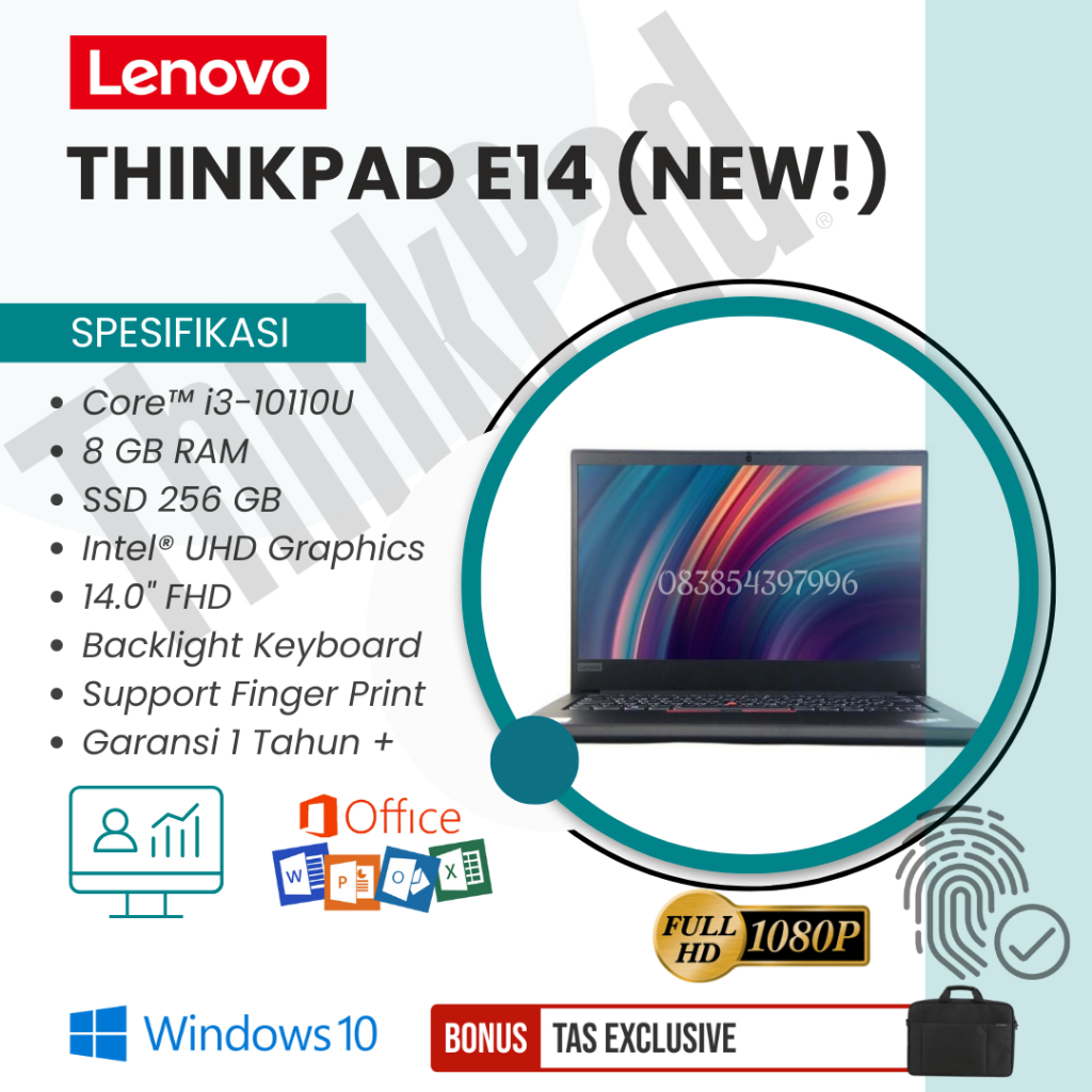 LENOVO THINKPAD E14 [CORE I3-10110U / RAM 8 GB DDR4 / 256GB SSD NVME + SLOT HDD / INTEL UHD GRAPHICS / 14&quot; FHD / BLACK / FREE INSTALL WINDOWS 10 + OFFICE / BONUS TAS LAPTOP / SUPPORT FINGERPRINT + HDMI] - TEKNO KITA