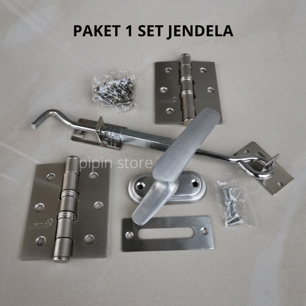 Paket Engsel Jendela Kayu 3 Inch 1 Set - Hak Angin Cantolan Penahan Jendela Stainless - Rambuncis Kunci Jendela Kayu Grendel Panolet Besar Lengkap