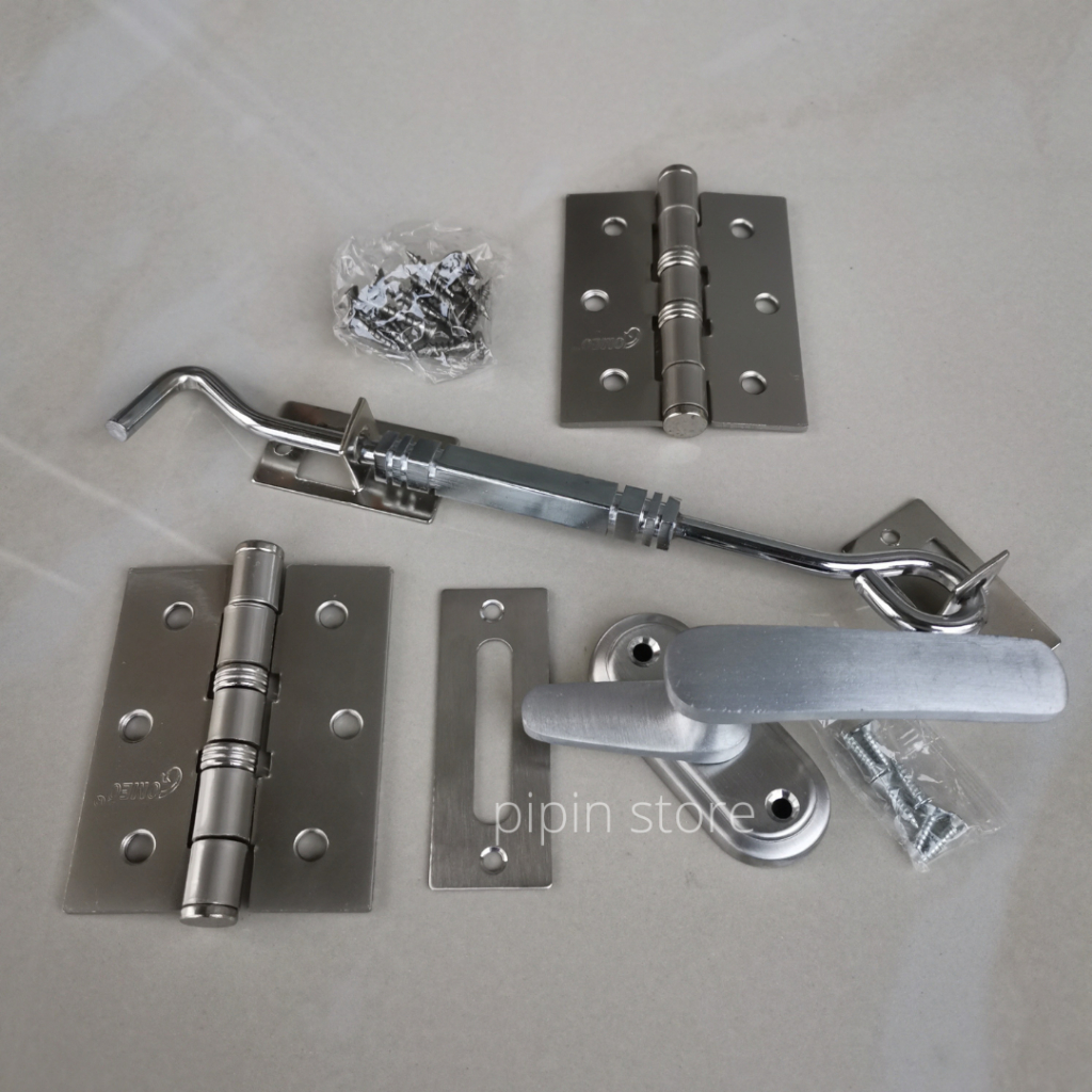 Paket Engsel Jendela Kayu 3 Inch 1 Set - Hak Angin Cantolan Penahan Jendela Stainless - Rambuncis Kunci Jendela Kayu Grendel Panolet Besar Lengkap