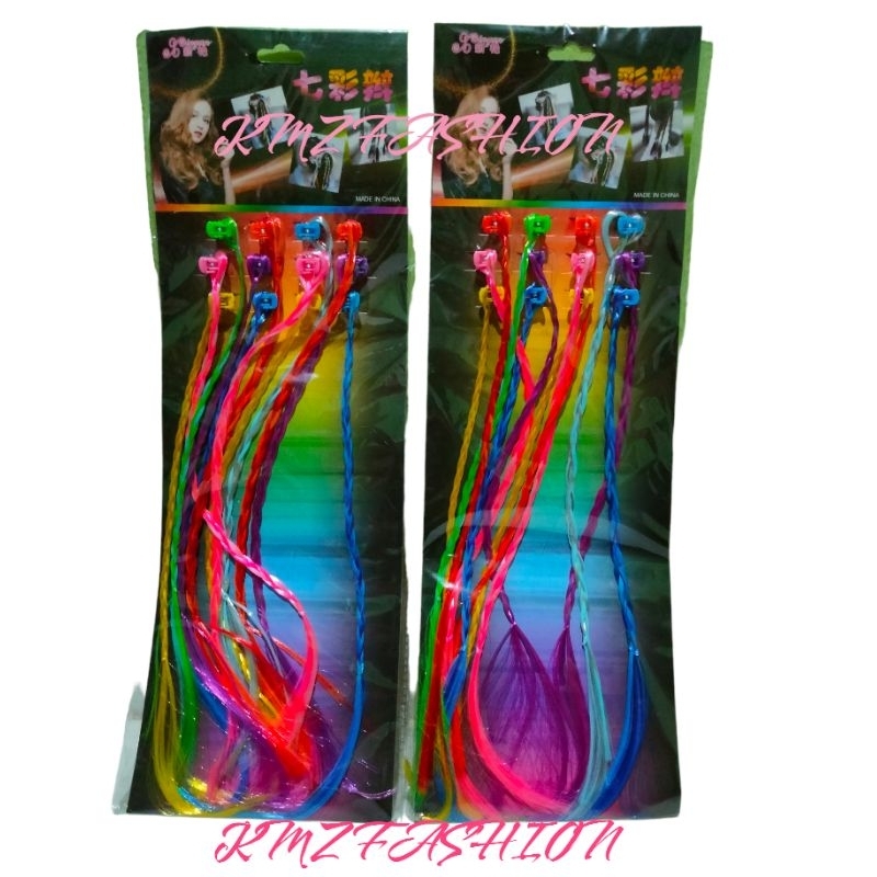 (KMZ) 12pcs Rambut Kepang Palsu Warna Warni - Jepit rambut palsu extension anak