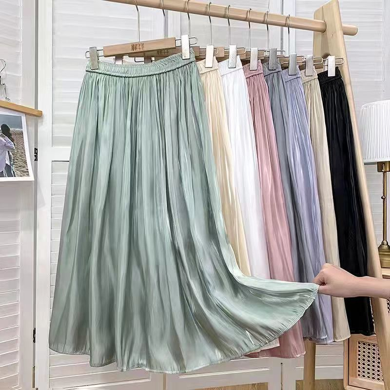 Rok kasa wanita baru yang mengalir rok setengah badan rok pinggang tinggi rok panjang A-line rok lipit dress wanita