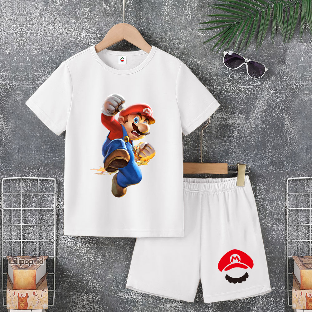 Baju Anak Stelan Usia 4-10 Tahun MARIO BROS Kaos 3/4 Cowok Cewek  Celana Pendek Harian