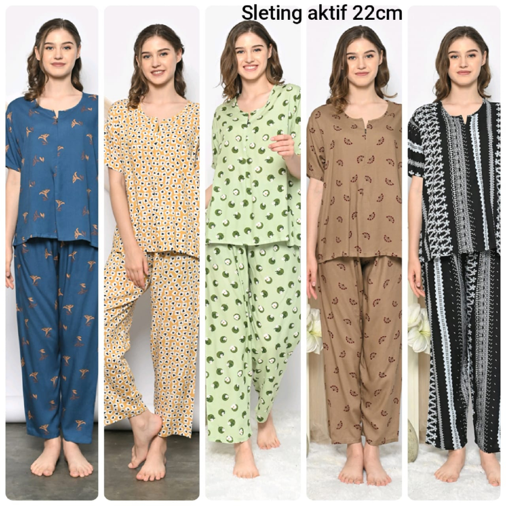 ONE SET PIYAMA RAYON STELAN CELANA PANJANG LENGAN PENDEK SLETING AKTIF