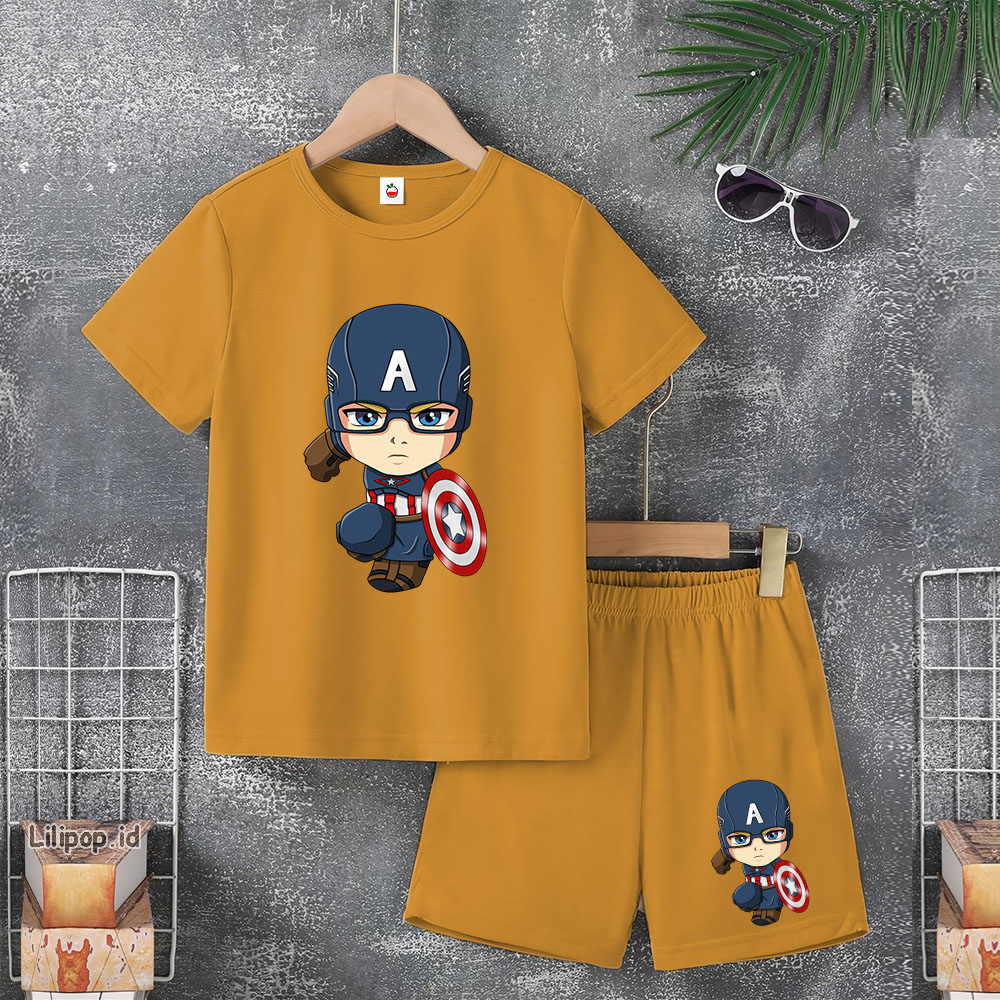 Baju Anak Stelan Usia 5-10 Tahun CAPTAIN AMERIKA Kaos 3/4 Cowok Cewek  Celana Pendek Harian