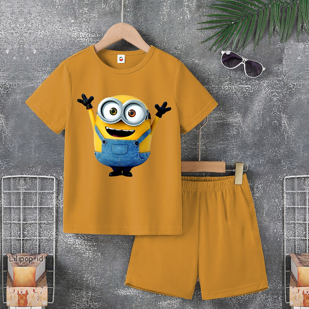 Baju Anak Stelan Usia 5-10 Tahun MINION Kaos 3/4 Cowok Cewek  Celana Pendek Harian