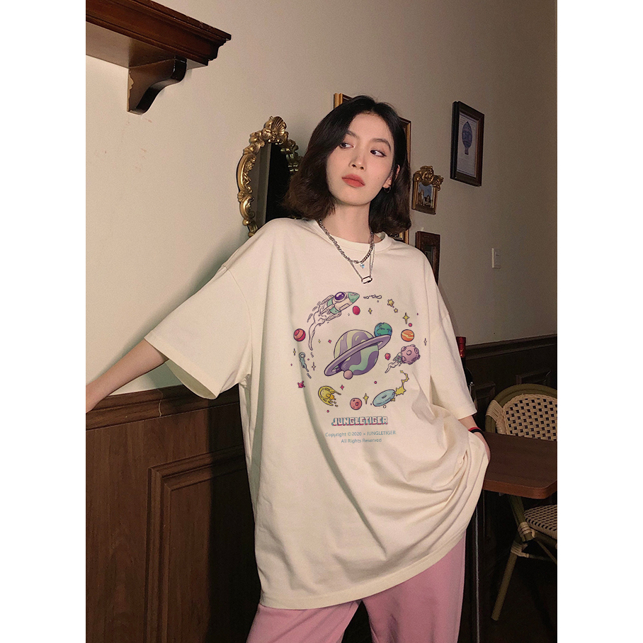 EUNII T-shirt Lengan Pendek Cartoon Planet Korean Style/Kaos Atasan Wanita/Baju Kaus Oversize Wanita/Kaos Wanita